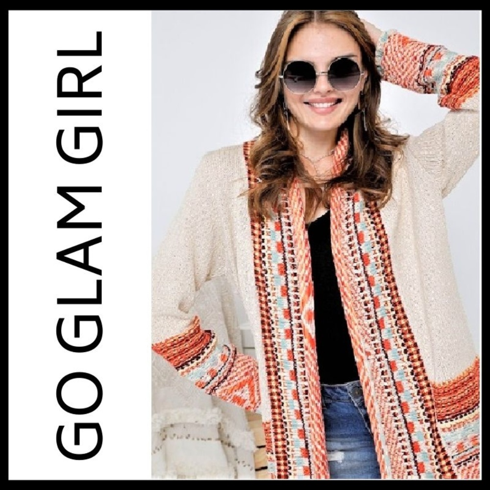 NWT Aztec Print Fringed Long Knit Boho Cardigan - Picture 2 of 6